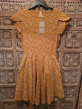 NWT Pact Organic Cotton Fit & Flare Petal Sleeve Dress Mustard Yellow Pockets L